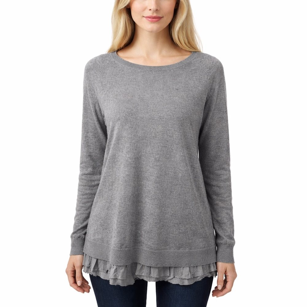 Garnet Hill Lace Trim Shirt tail 100% Cashmere Sweater Gray Tunic Whimsy Size L